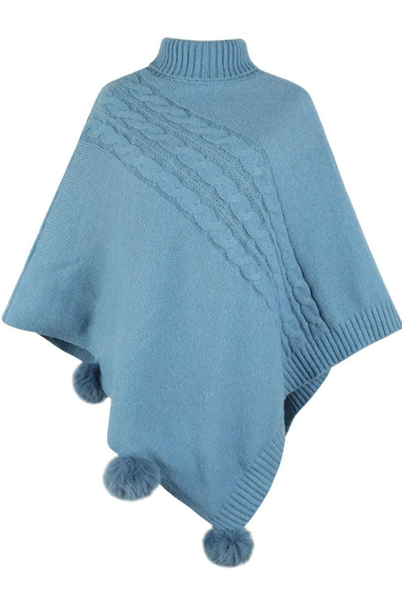 WOMENS POMPOM DETAILED TURTLE NECK SHAWL WRAP - Doublju