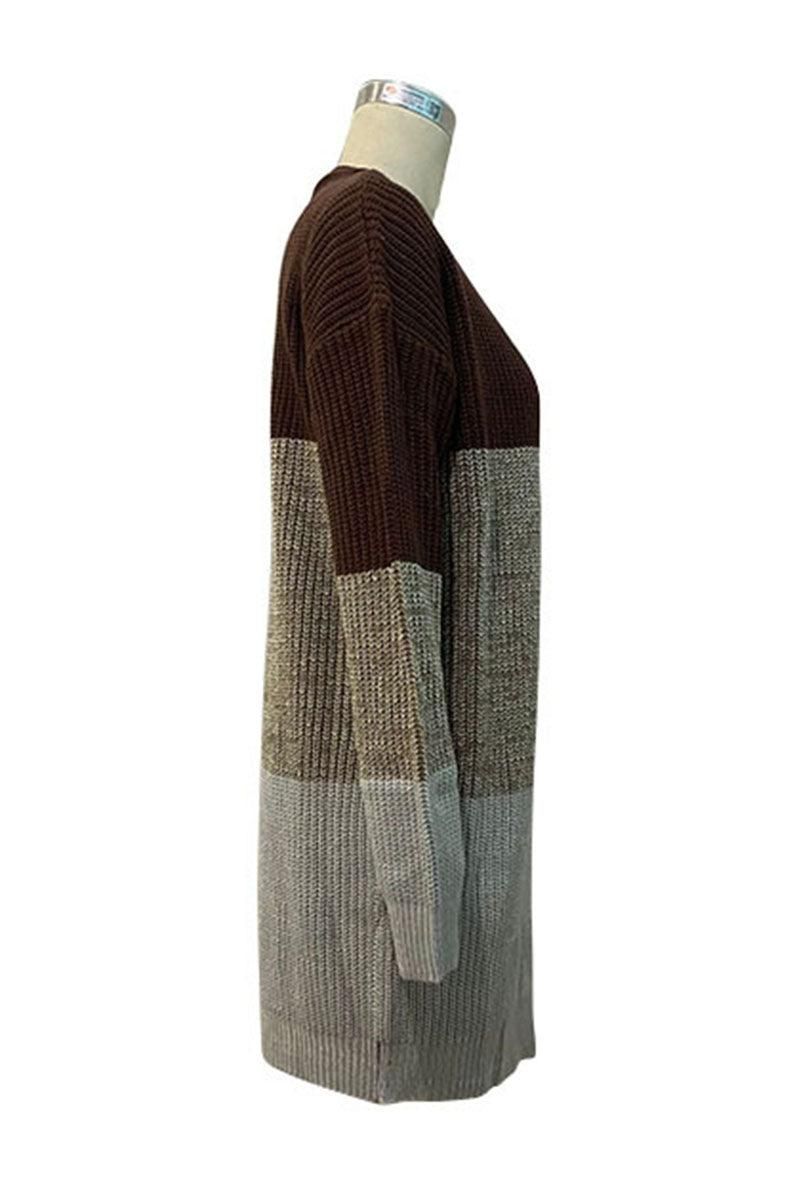 LONG SLEEVE COLOR BLOCK CARDIGAN COAT - Doublju
