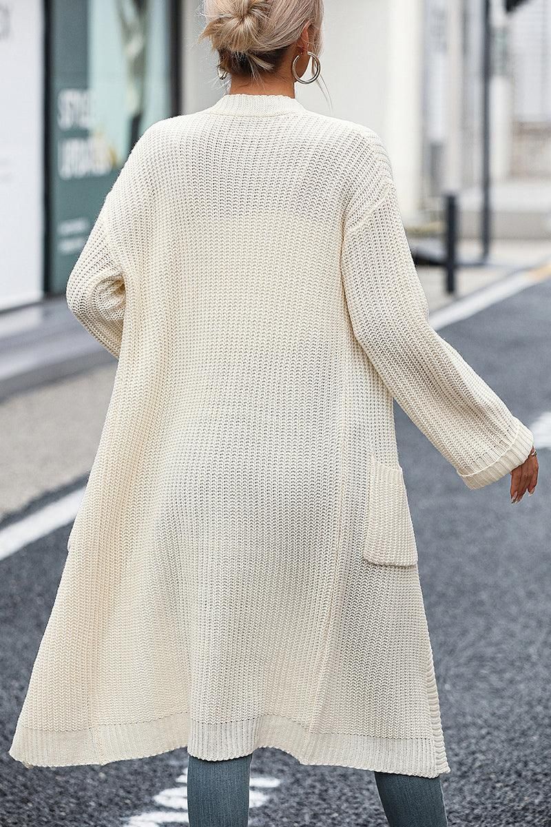 WOMEN WAFFLE KNIT OPEN FRONT LONG CARDIGAL - Doublju