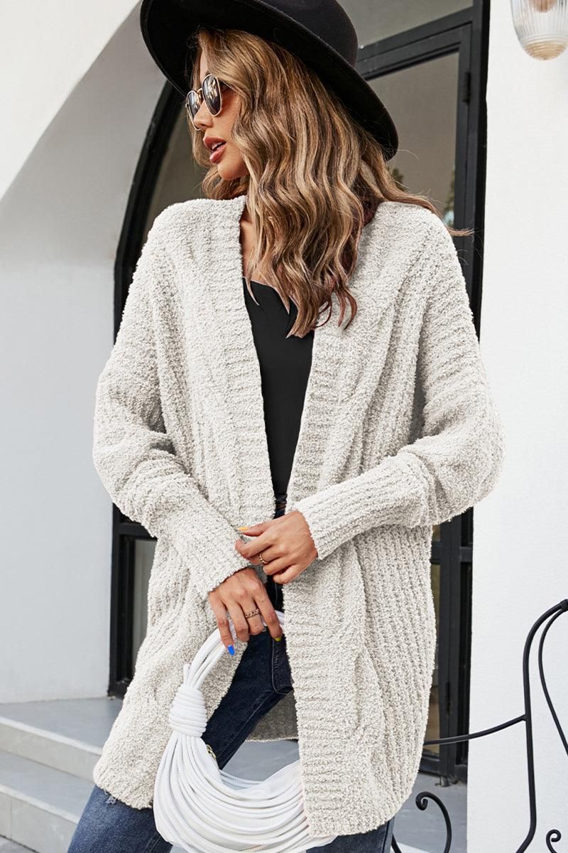 WOMEN FURRY CABLE KNITTED OPEN FORNT CARDIGAN - Doublju