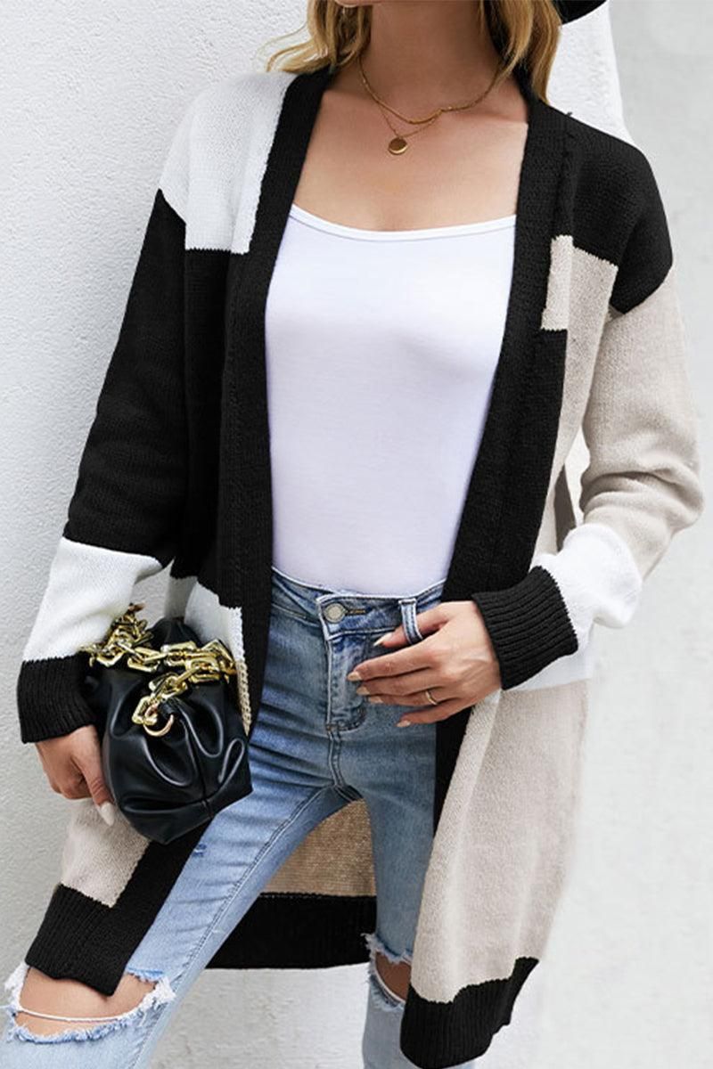 WOMEN COLOR BLOCK OPEN FRONT MIDI CARDIGAN - Doublju