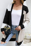 WOMEN COLOR BLOCK OPEN FRONT MIDI CARDIGAN - Doublju