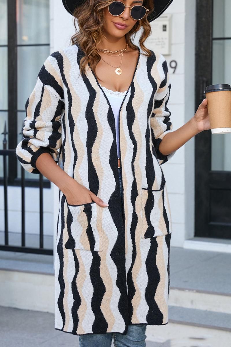 COLOR PATTERNED OVERSIZED CARDIGAN WITH POCKETS - Doublju