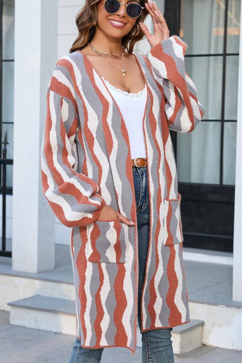 COLOR PATTERNED OVERSIZED CARDIGAN WITH POCKETS - Doublju