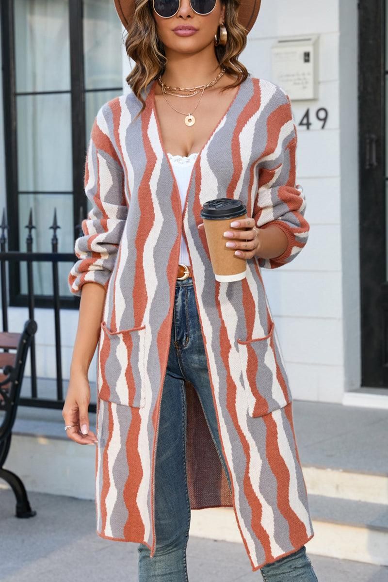 COLOR PATTERNED OVERSIZED CARDIGAN WITH POCKETS - Doublju