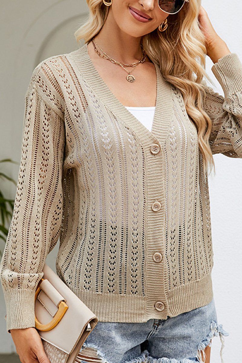 WOMEN HOLLOW KNITTED BUTTON UP SHORT CARDIGAN