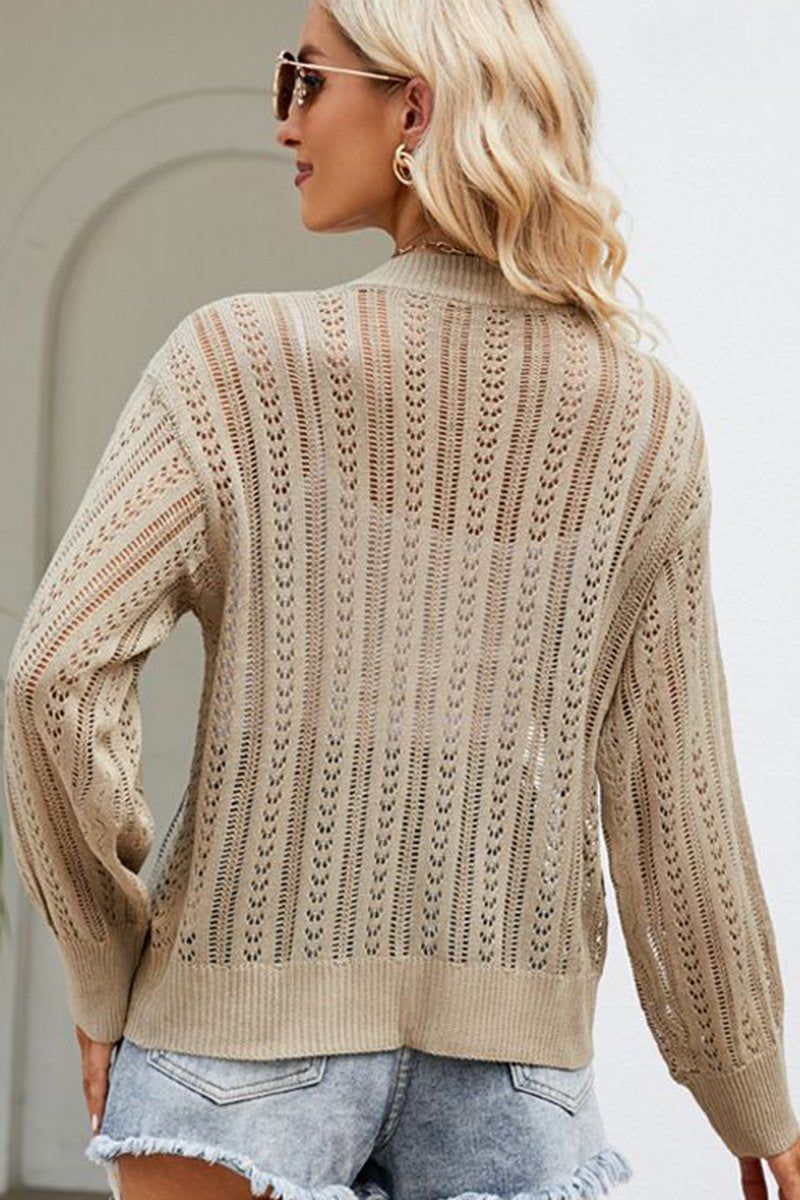 WOMEN HOLLOW KNITTED BUTTON UP SHORT CARDIGAN