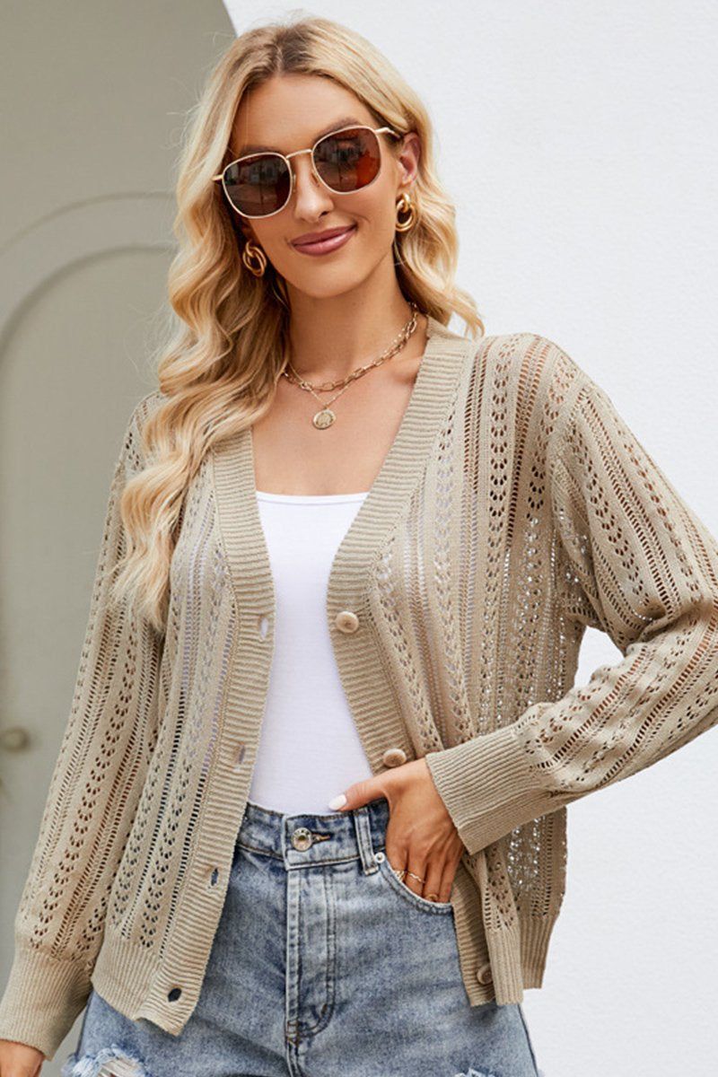 WOMEN HOLLOW KNITTED BUTTON UP SHORT CARDIGAN