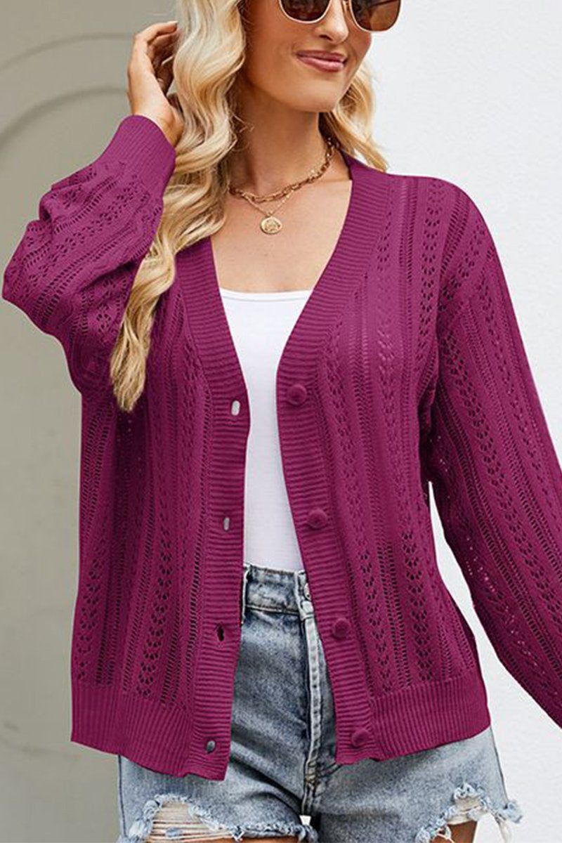 WOMEN HOLLOW KNITTED BUTTON UP SHORT CARDIGAN