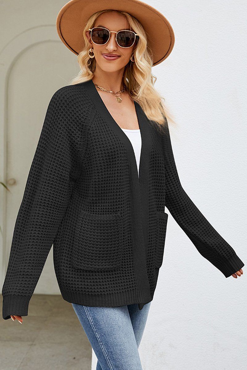 WOMEN RIBBED KNIT CARDIGAN WITH POCKETS