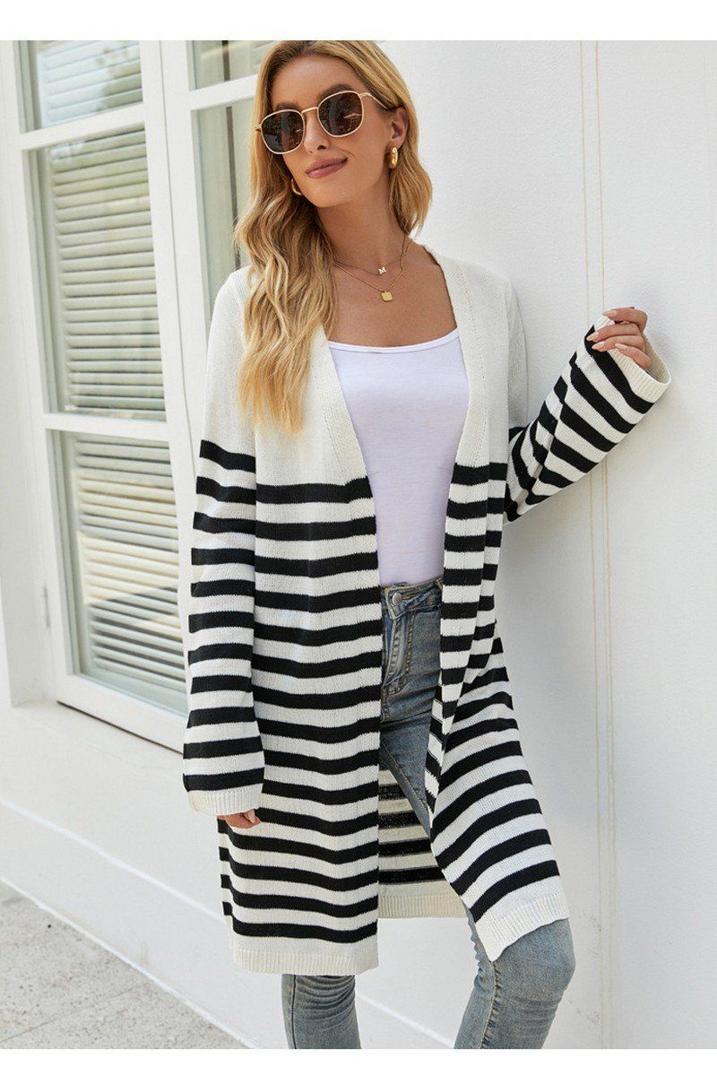 WOMEN COZY OPEN FRONT STRIPE OVERSIZE CARDIGAN