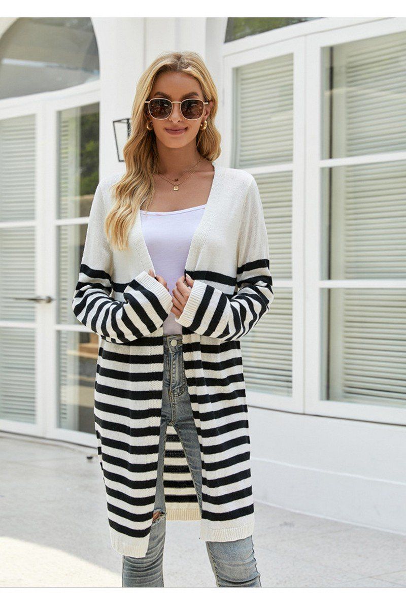 WOMEN COZY OPEN FRONT STRIPE OVERSIZE CARDIGAN