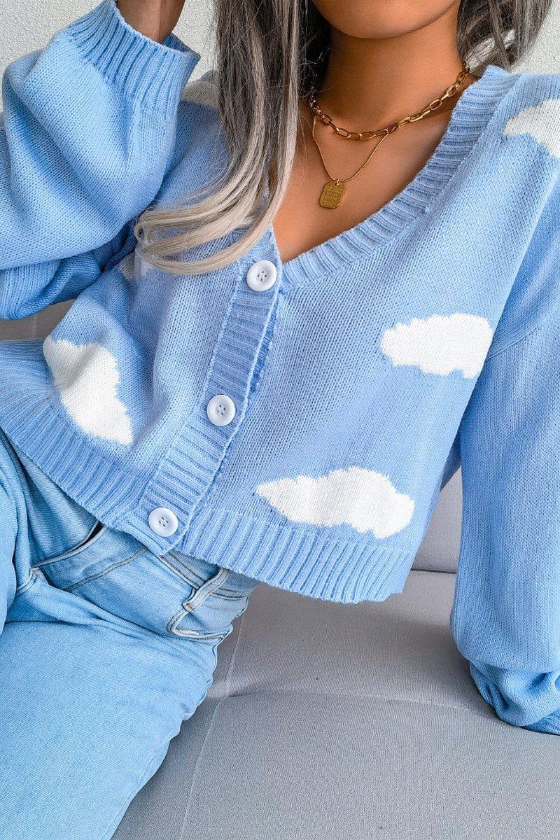 BUTTON UP CLOUD PRINTING SHORT LENGTH CARDIGAN