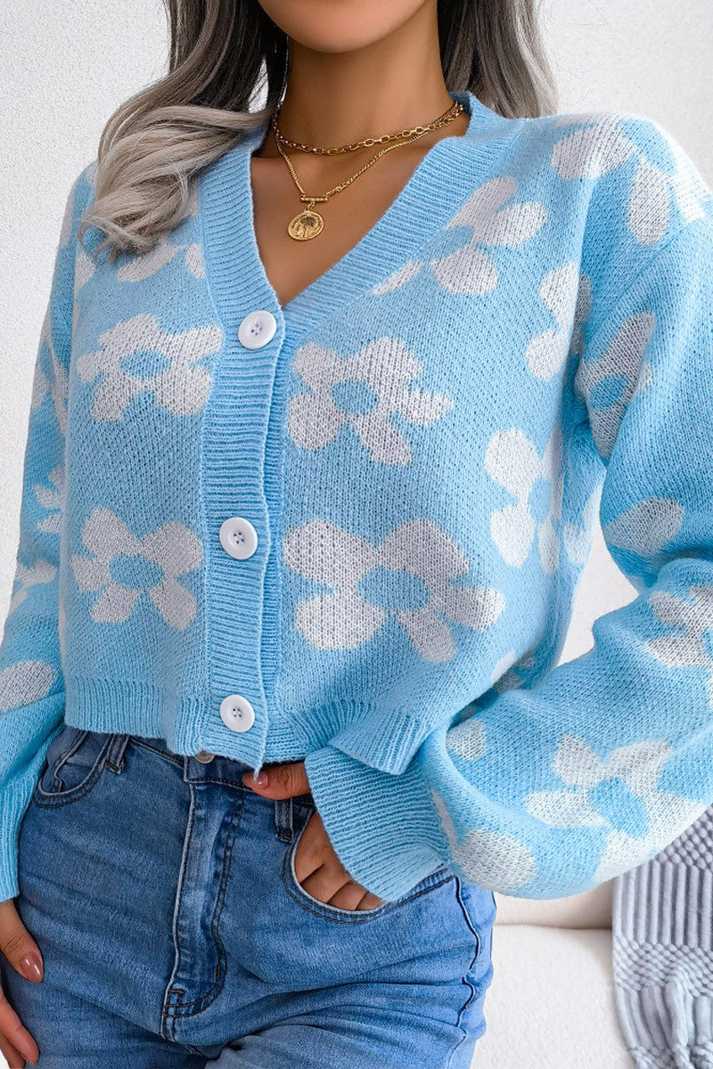 WOMEN FLOWER PRINTING COZY BUTTON UP CARDIGAN