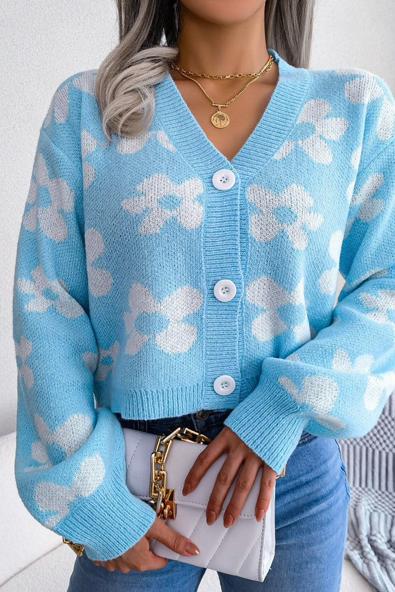 WOMEN FLOWER PRINTING COZY BUTTON UP CARDIGAN