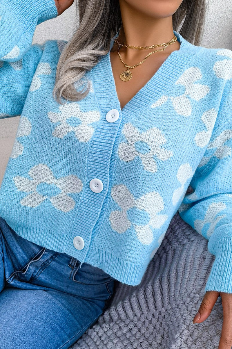 WOMEN FLOWER PRINTING COZY BUTTON UP CARDIGAN