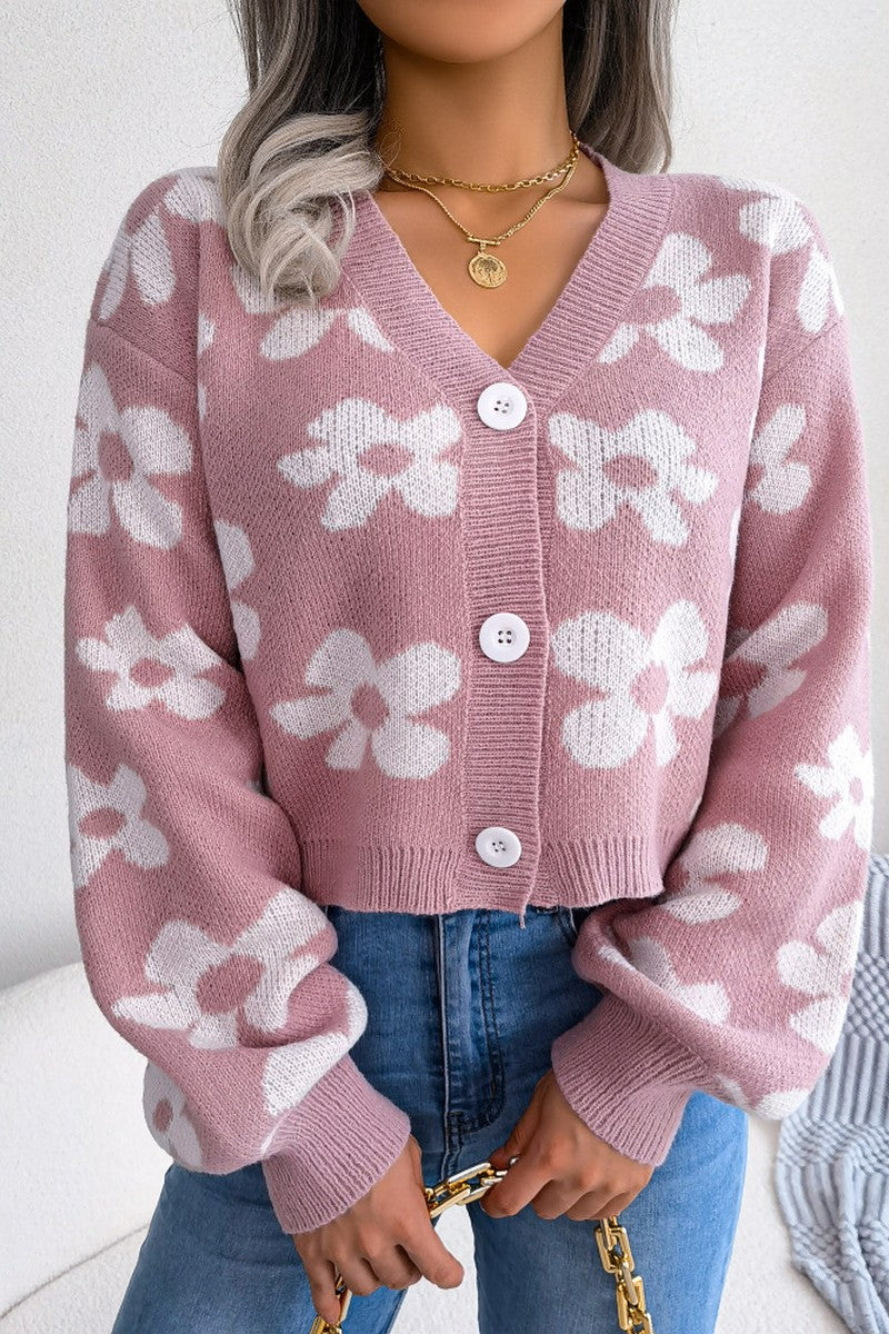 WOMEN FLOWER PRINTING COZY BUTTON UP CARDIGAN