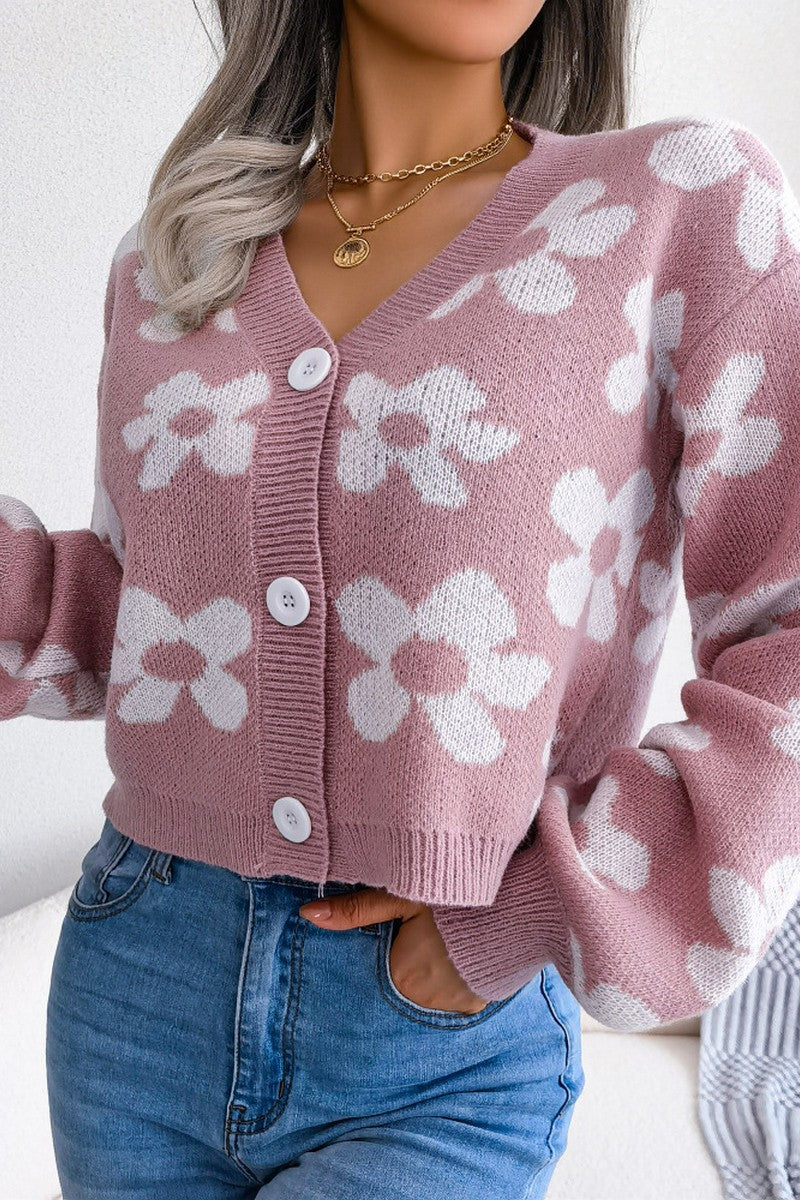 WOMEN FLOWER PRINTING COZY BUTTON UP CARDIGAN