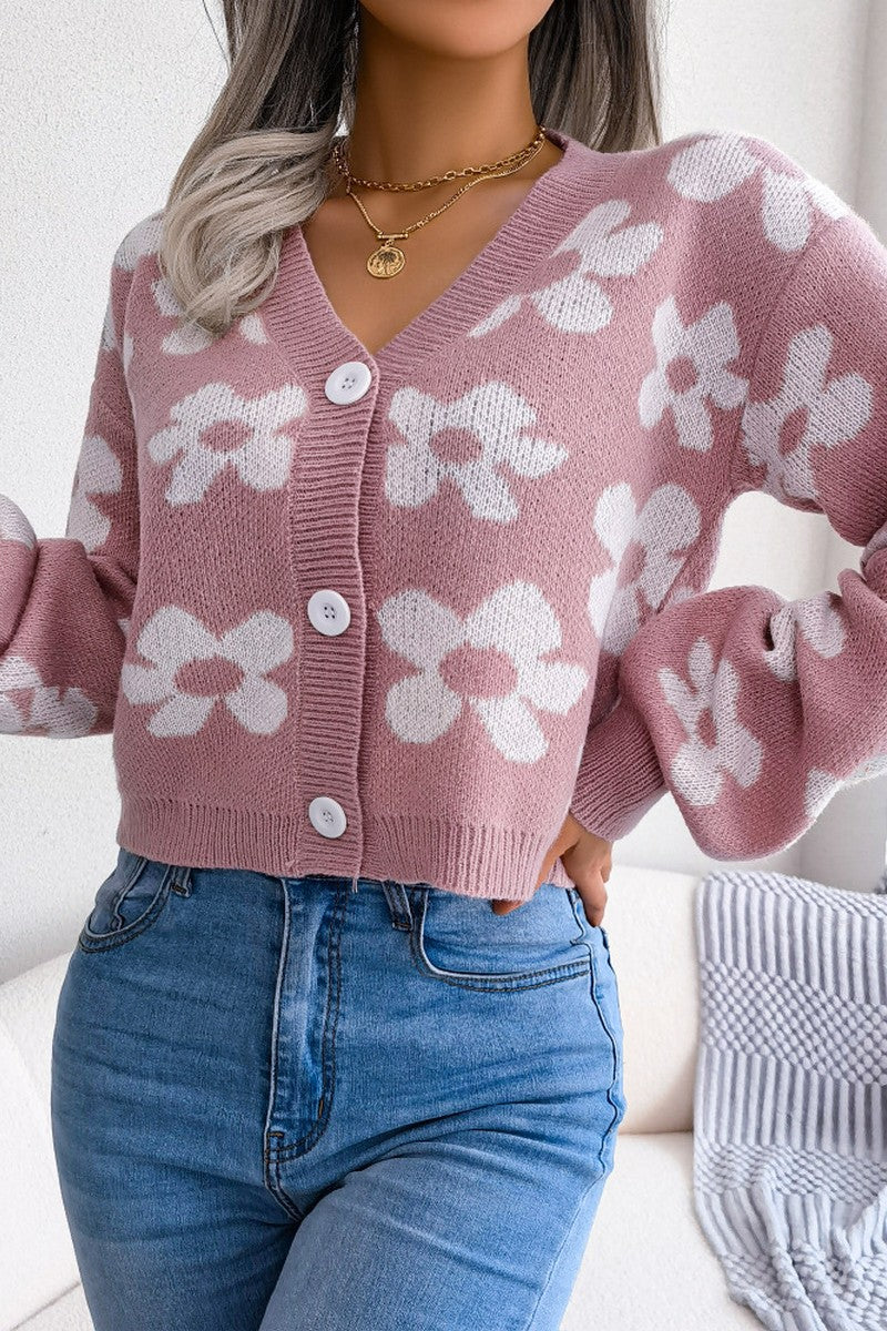 WOMEN FLOWER PRINTING COZY BUTTON UP CARDIGAN