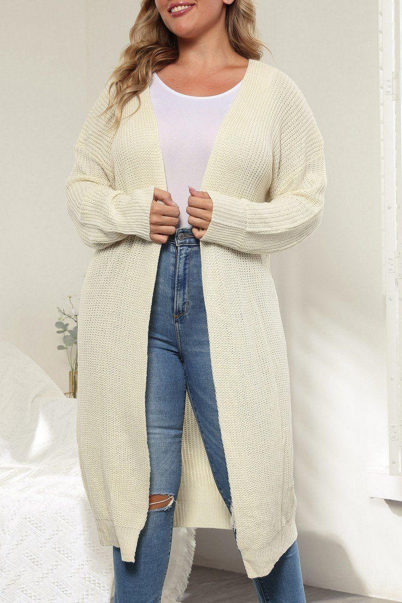 WOMEN PLUS SIZE KNITTED OPEN FRONT LONG CARDIGAN