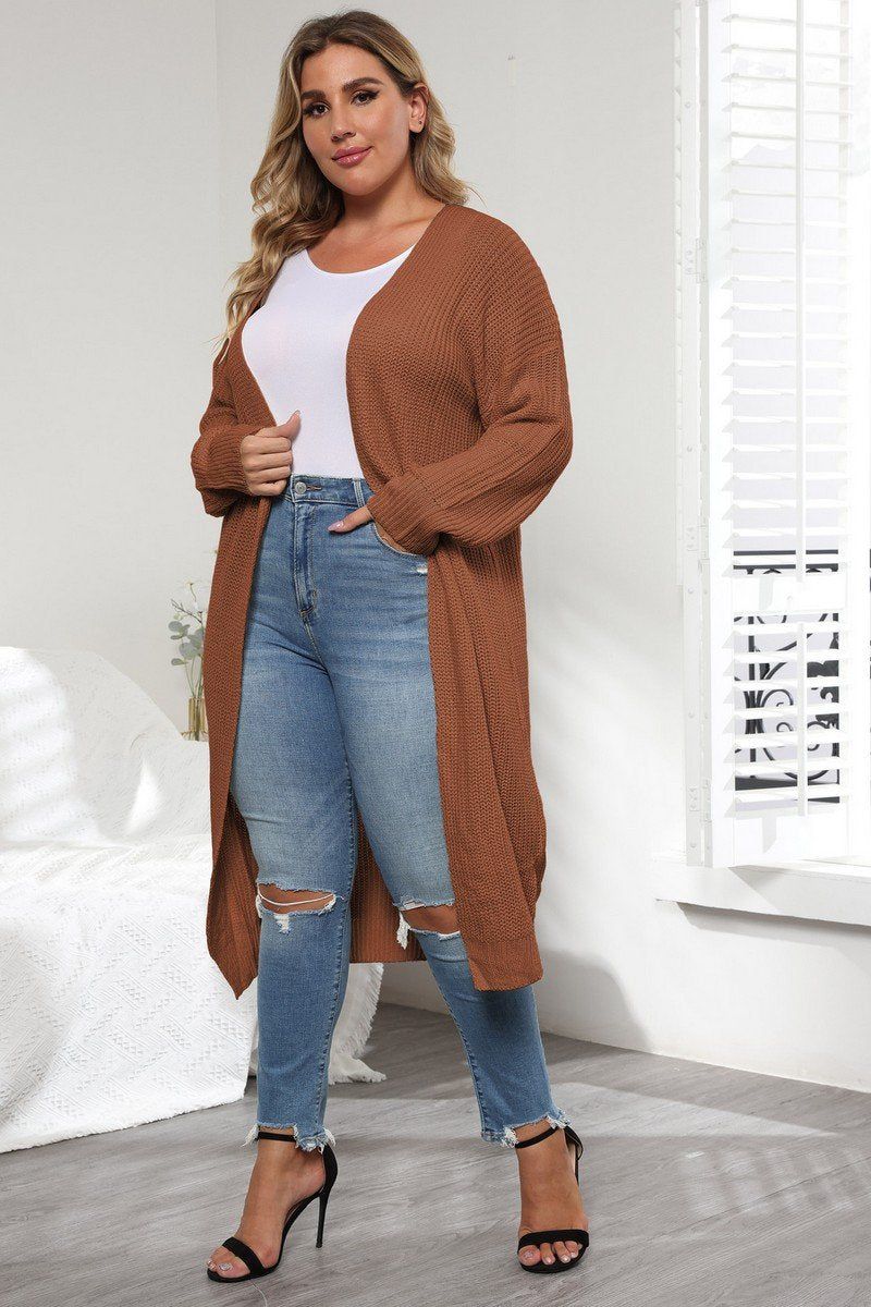 WOMEN PLUS SIZE KNITTED OPEN FRONT LONG CARDIGAN