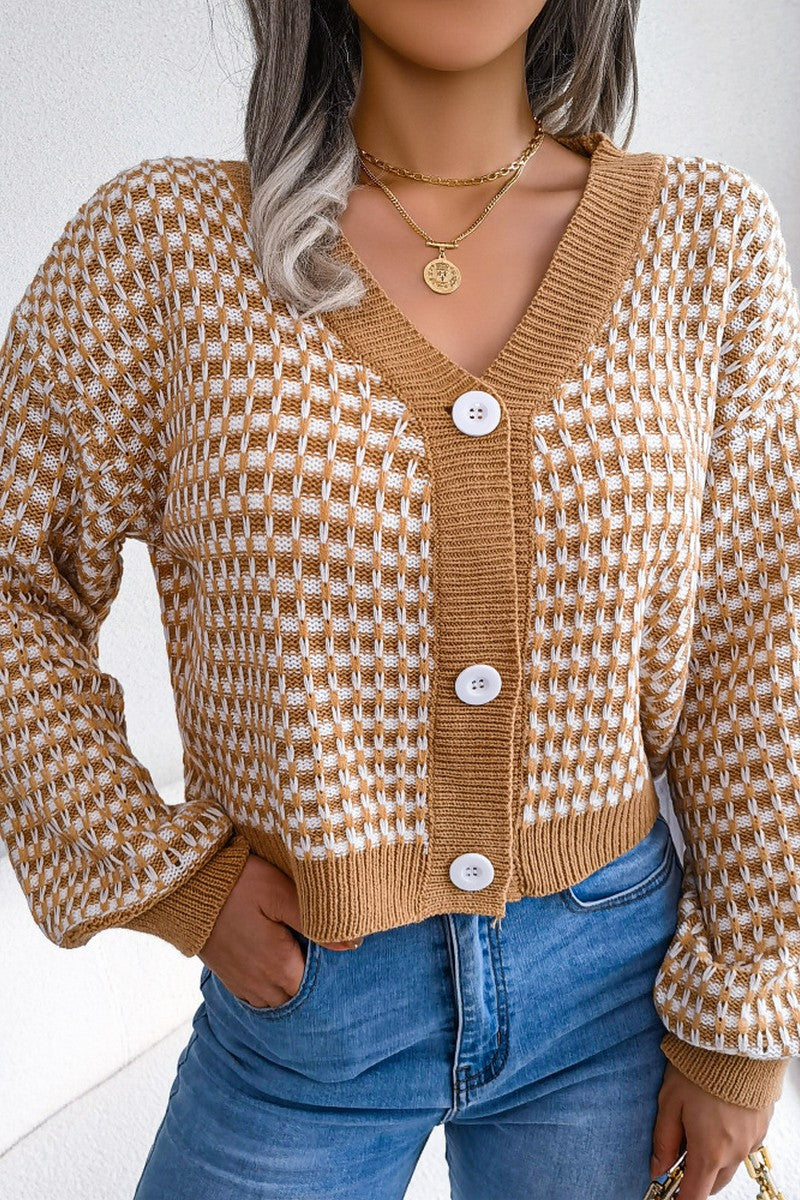 WOMEN PATCHWORK KNIT BIG BUTTON DOWN CARDIGAN