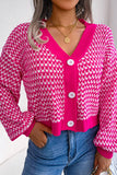 WOMEN PATCHWORK KNIT BIG BUTTON DOWN CARDIGAN