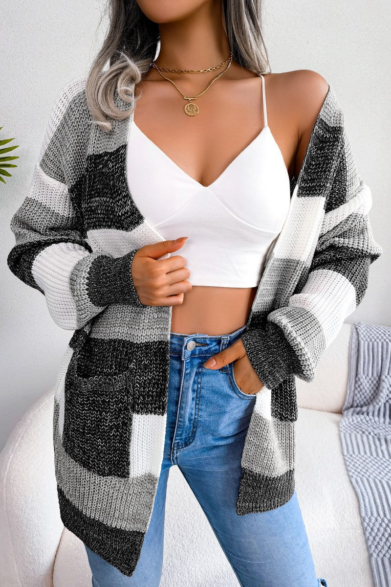 WOMEN COLOR BLOCK OPEN FRONT KNIT CARDIGAN