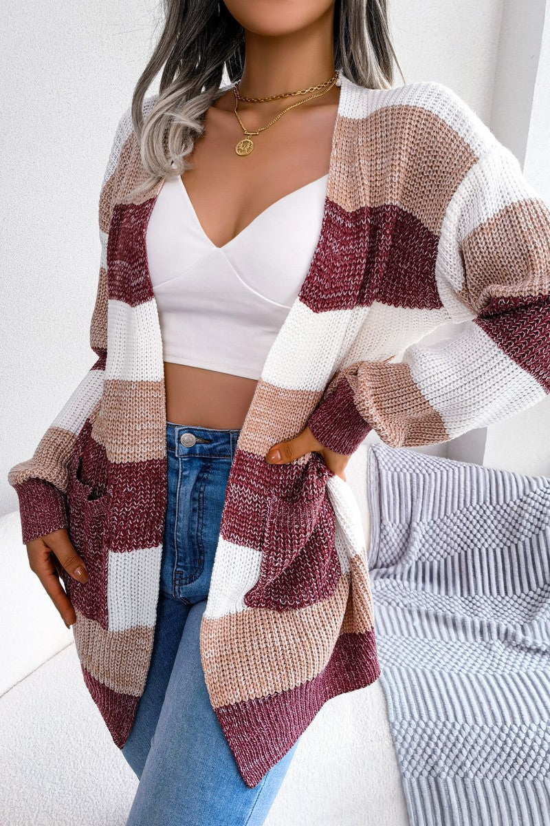 WOMEN COLOR BLOCK OPEN FRONT KNIT CARDIGAN