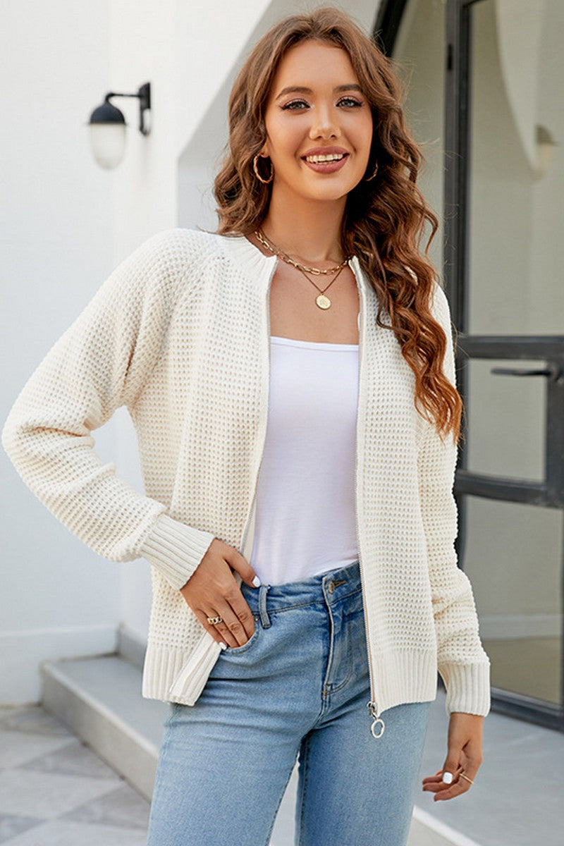 WOMEN ZIP UP CLOSURE WAFFLE KNITTED LIGHT JACKET