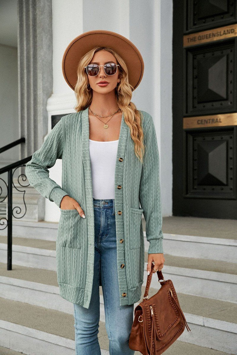 WOMEN WAVE PATTERN STITCHED KNEE LENGTH CARDIGAN