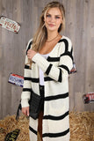 STRIPED LONG SLEEVE SWEATER CARDIGAN WITH POCKET - Doublju