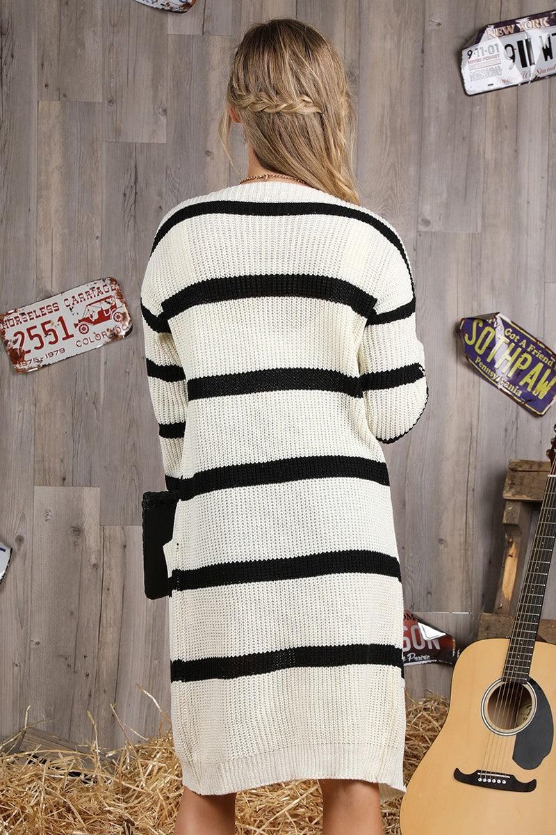 STRIPED LONG SLEEVE SWEATER CARDIGAN WITH POCKET - Doublju