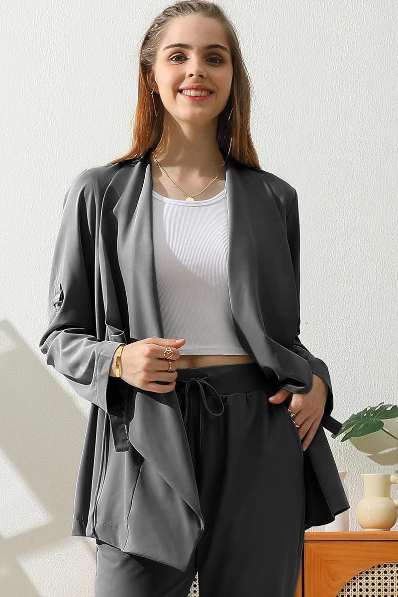 OVER LOOSE FIT TRENCH CARDIGAN WITH DRAWSTRING - Doublju