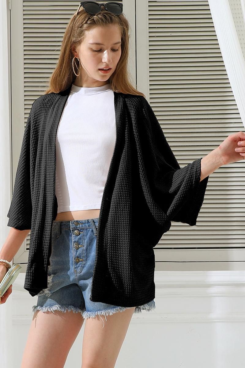 BATWING SLEEVE WAFFLE SWEATER KNIT CARDIGAN - Doublju