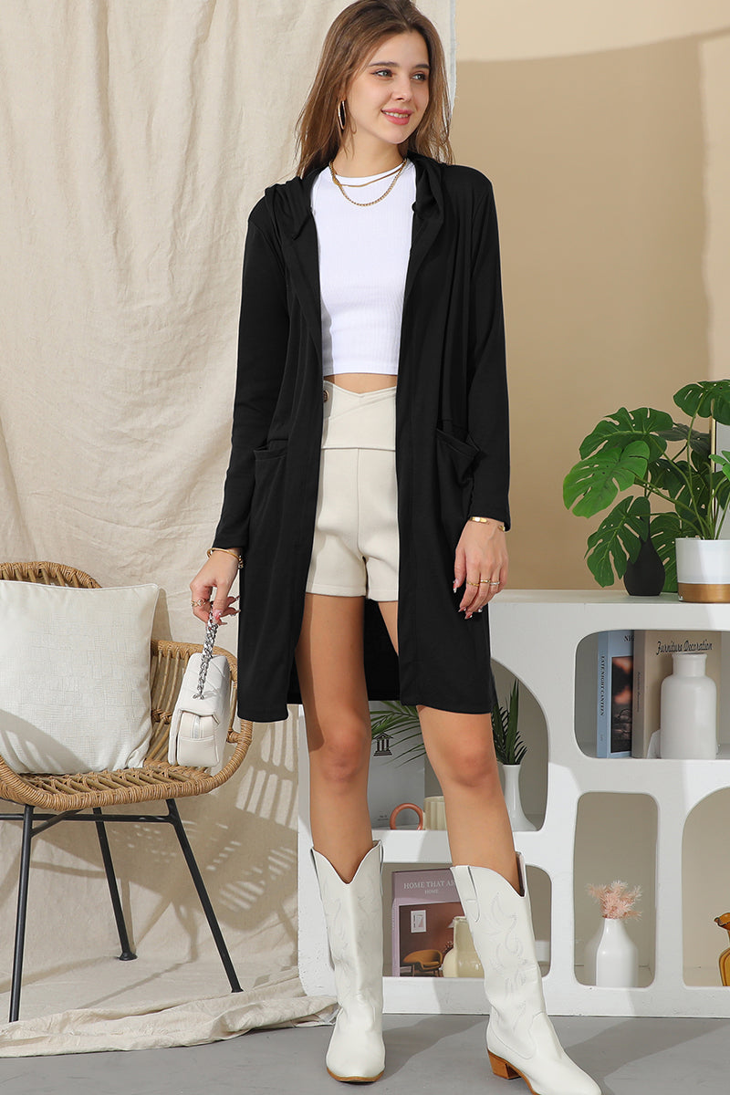 OPEN FRONT CASUAL LONG CARDIGAN WITH SIDE POCKETS