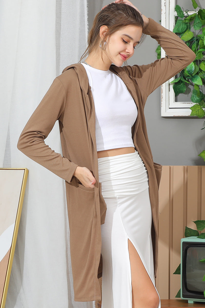 OPEN FRONT CASUAL LONG CARDIGAN WITH SIDE POCKETS