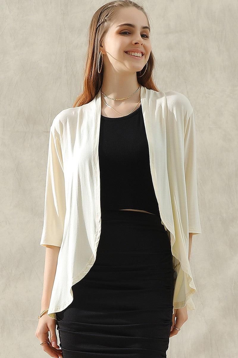 QUARTER SLEEVE RUFFLED FRONT OPEN CARDIGAN - Doublju