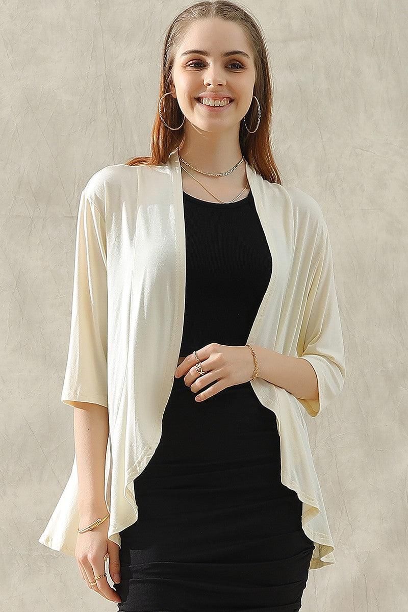 QUARTER SLEEVE RUFFLED FRONT OPEN CARDIGAN - Doublju