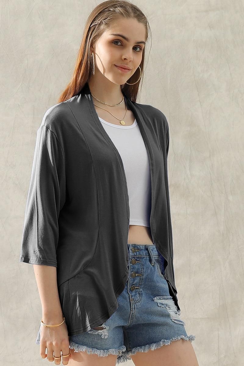 QUARTER SLEEVE RUFFLED FRONT OPEN CARDIGAN - Doublju