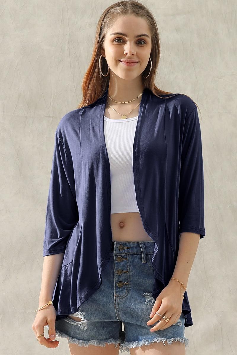 QUARTER SLEEVE RUFFLED FRONT OPEN CARDIGAN - Doublju