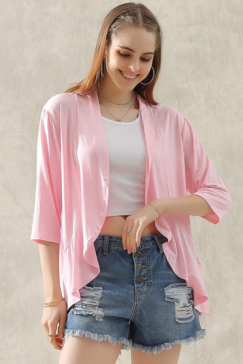 QUARTER SLEEVE RUFFLED FRONT OPEN CARDIGAN - Doublju