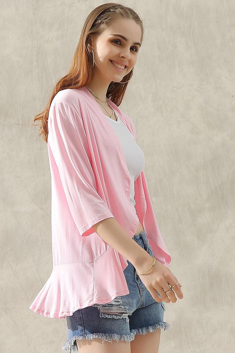 QUARTER SLEEVE RUFFLED FRONT OPEN CARDIGAN - Doublju