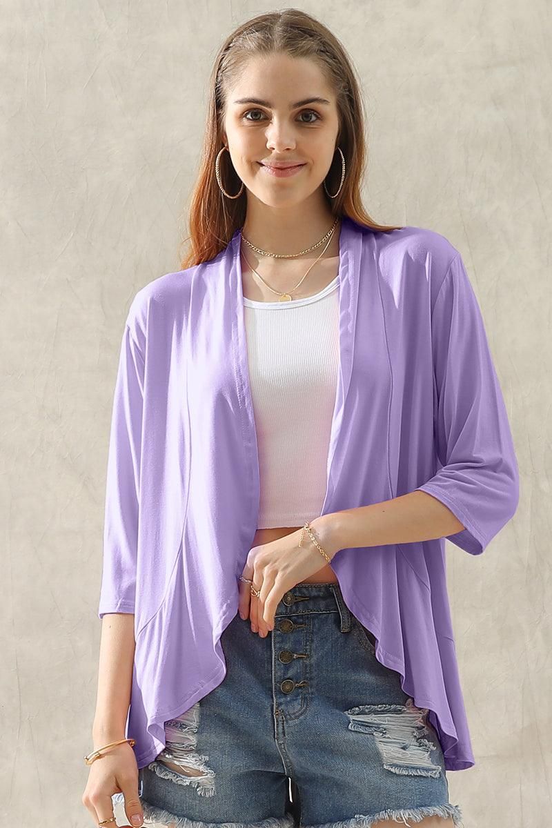 QUARTER SLEEVE RUFFLED FRONT OPEN CARDIGAN - Doublju