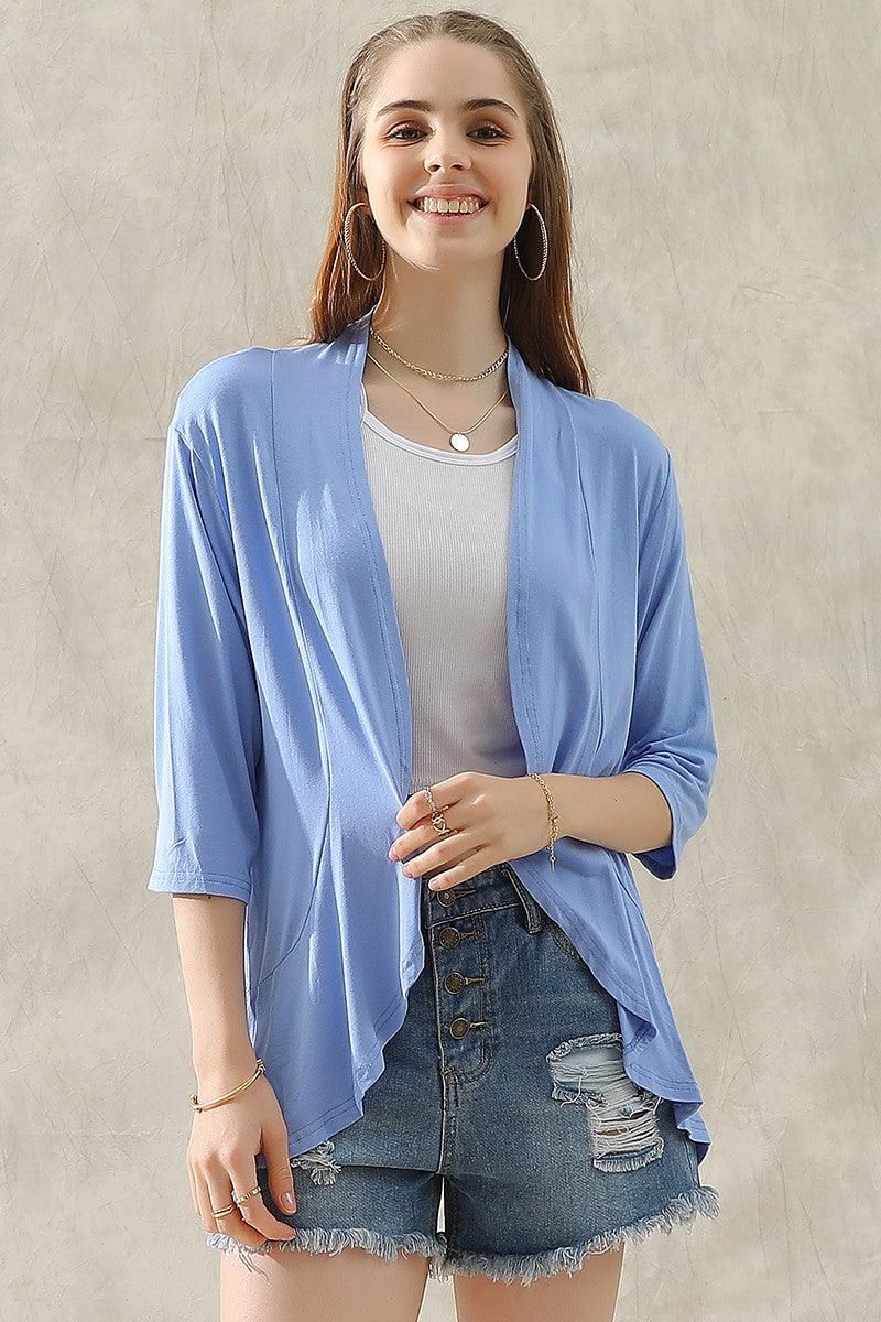 QUARTER SLEEVE RUFFLED FRONT OPEN CARDIGAN - Doublju