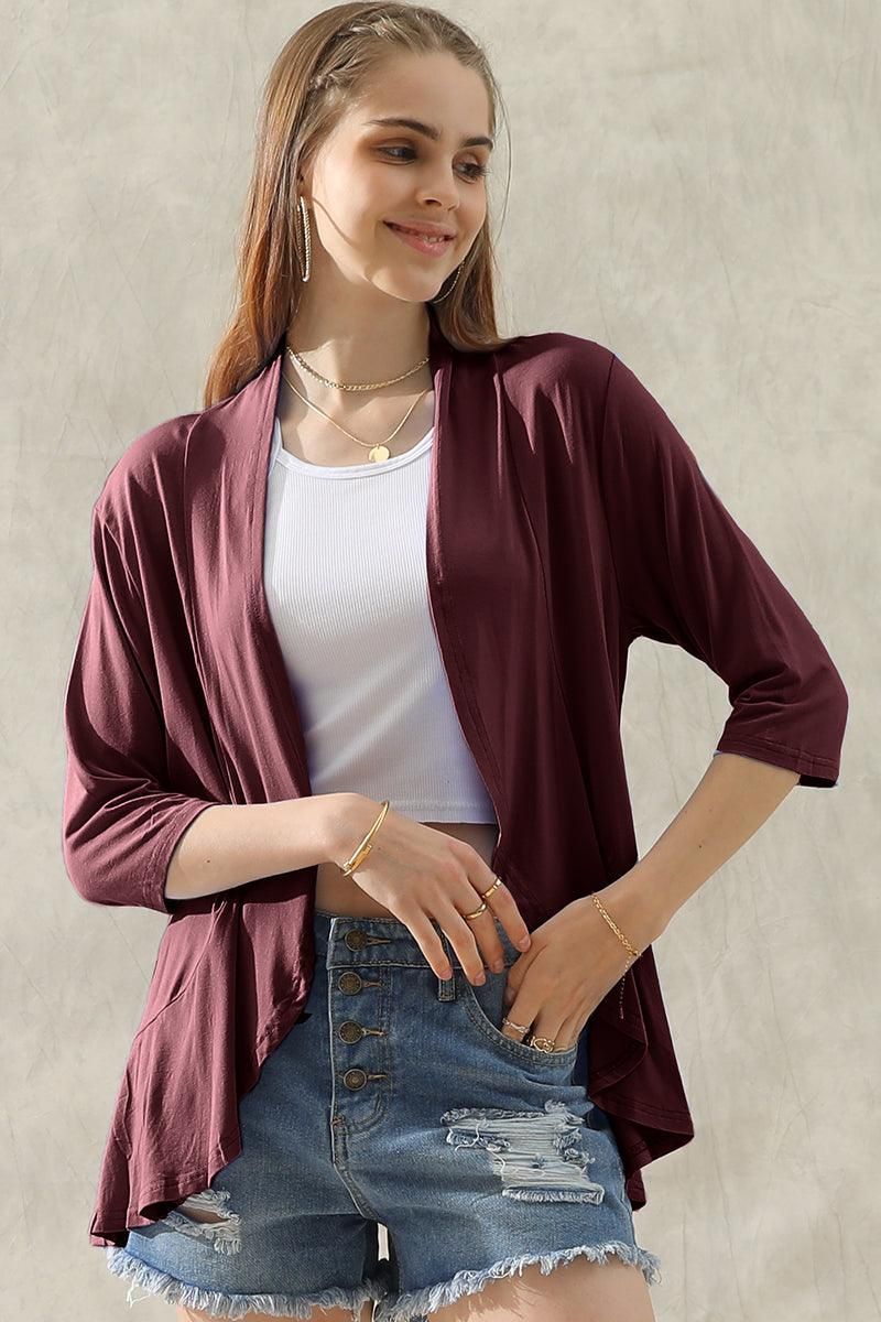 QUARTER SLEEVE RUFFLED FRONT OPEN CARDIGAN - Doublju