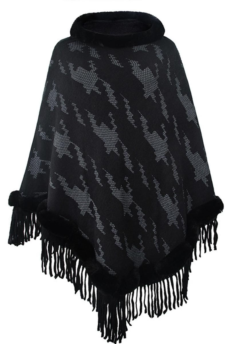 FUR COLLAR FRINGED JACKET WOMEN SHAWL - Doublju