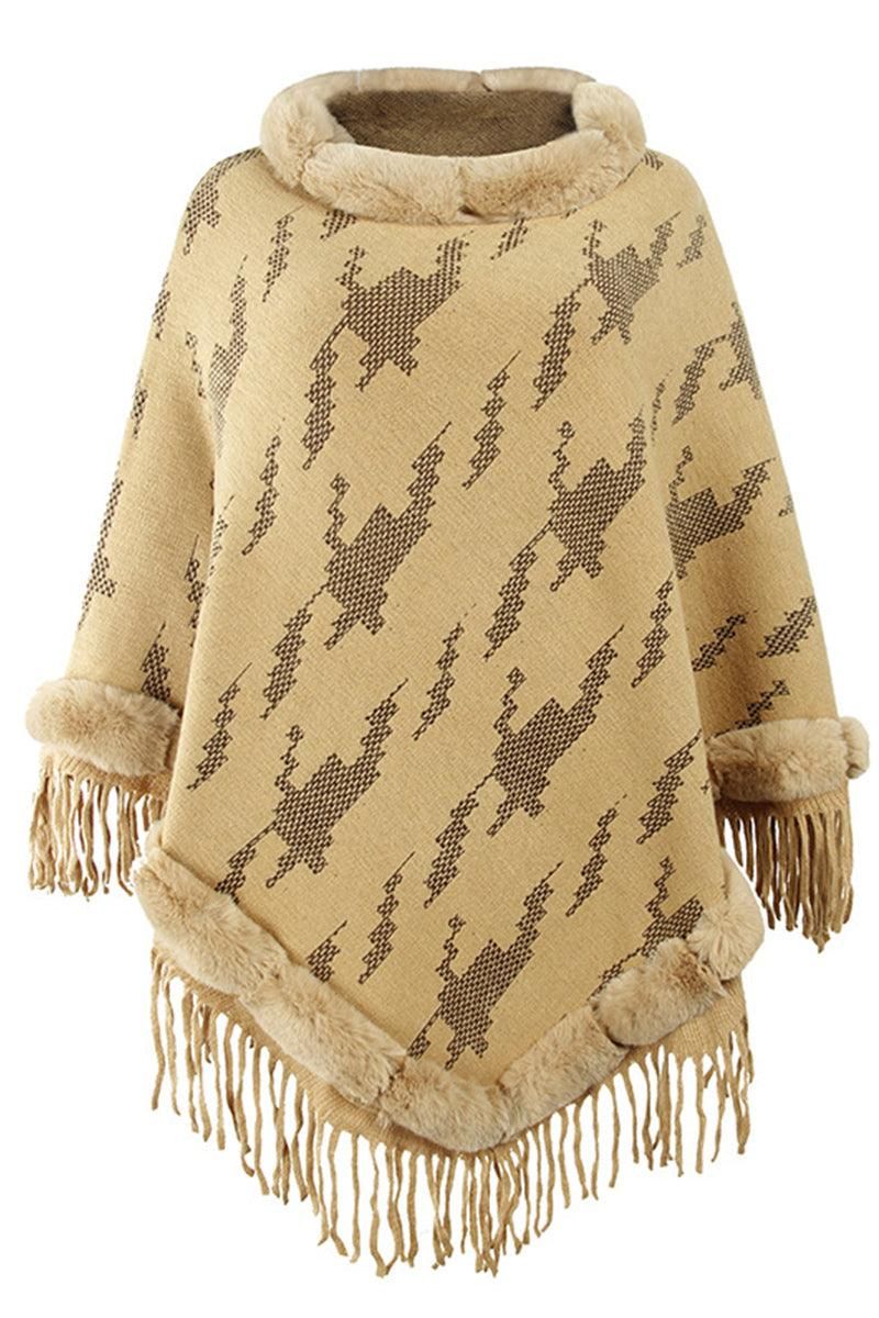 FUR COLLAR FRINGED JACKET WOMEN SHAWL - Doublju