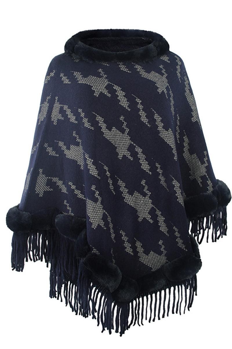 FUR COLLAR FRINGED JACKET WOMEN SHAWL - Doublju