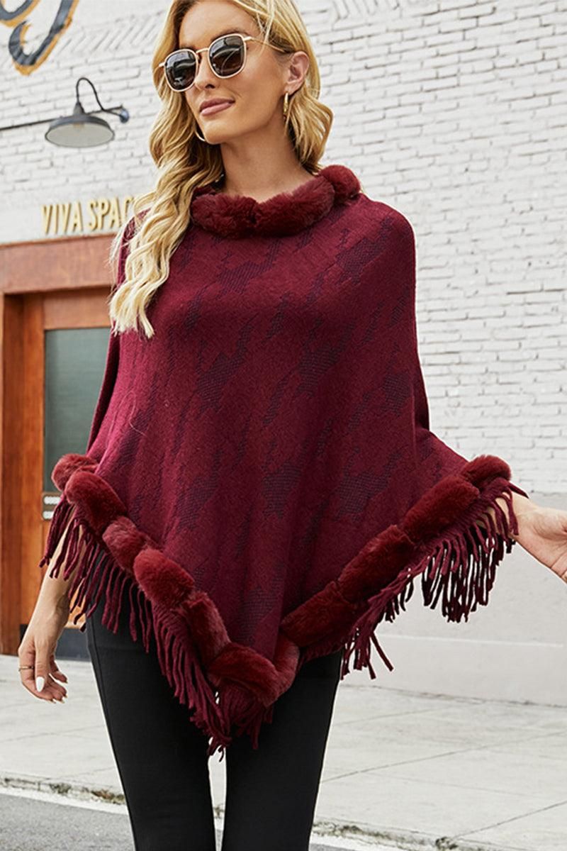 FUR COLLAR FRINGED JACKET WOMEN SHAWL - Doublju